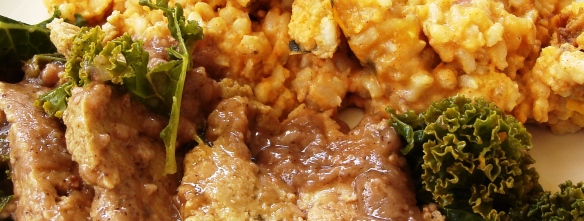 Sage seitan and kale in gravy; brown rice and delicata squash “casserole”crop
