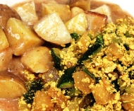 Tofu, broccoli, kohlrabi and zucchini ‘skillet’; yellow and russet potatoes with roasted celery root in gravy